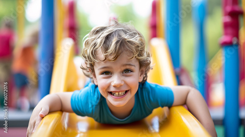 A Joyful Preschooler Boy Gleefully Playing on a Slide at a Playground During Summer