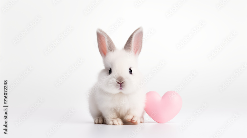 Fototapeta premium Cute, white rabbit sitting next to a pink heart on a minimalistic, white background.