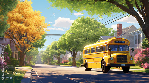 Suburban Neighborhood with traditional yellow school bus with cheerful driver stops pick up children photo