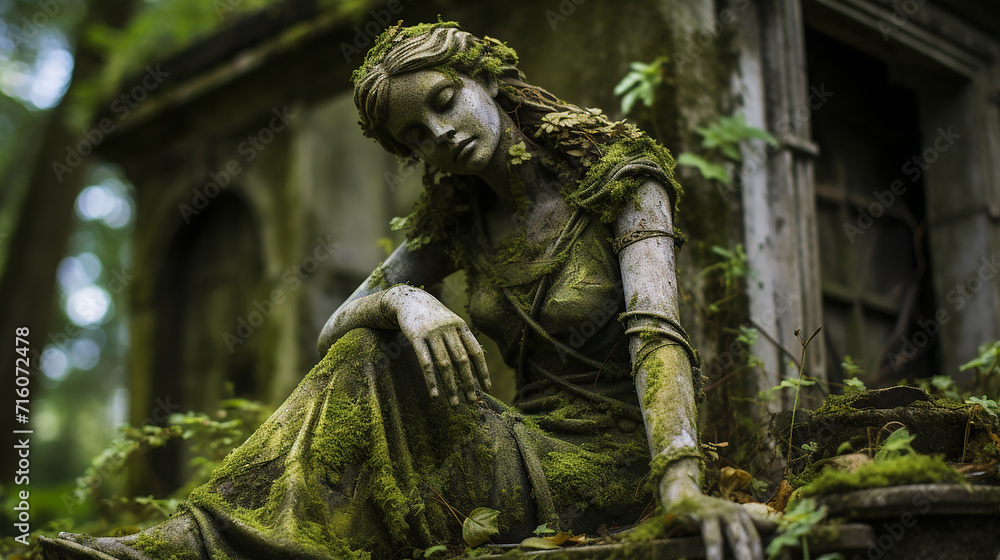An ancient, crumbling statue in a forgotten, overgrown garden