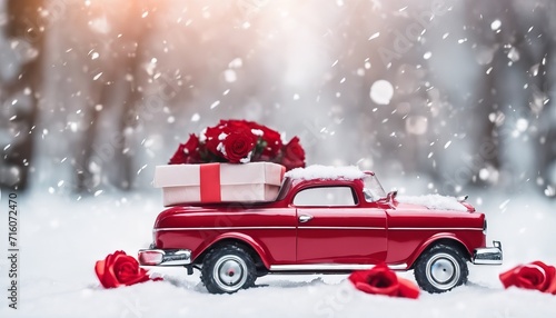 Snowy Landscape with Classic Car, Rose Bouquet, and Present