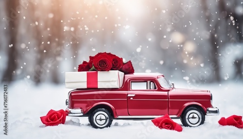 Winter Wonderland with Red Vintage Car, Roses, and Gift Box