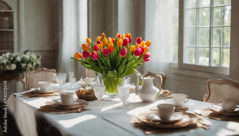 A crisp linen tablecloth set for a spring brunch, the table adorned with vibrant tulips and delicate A crisp linen tablecloth set for a spring brunch, the table adorned with vibrant tulips and delicate