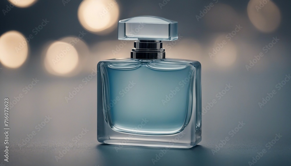 A frosted glass perfume bottle, its curves reflecting a soft blue light, placed on a surface A frosted glass perfume bottle, its curves reflecting a soft blue light, placed on a surface