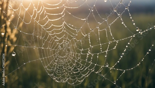 A close-up of a dew-kissed spider web, the droplets sparkling in the morning light like jewels