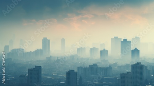 City center view with atmospheric skyscrapers full of dust  air pollution  vehicle fumes and industry  environmental pollution which is very dangerous for health.