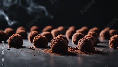 A close-up of hand-rolled chocolate truffles dusted with cocoa powder, arrayed on a dark stone photo