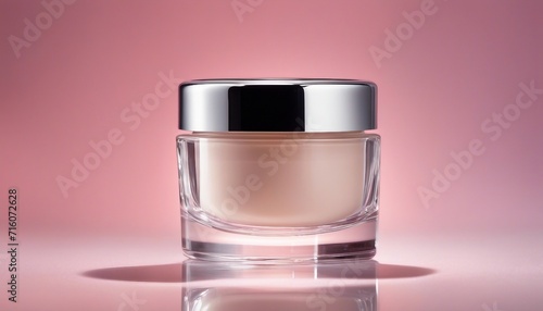 A crystal-clear glass jar filled with a natural skincare cream, placed on a reflective white surface