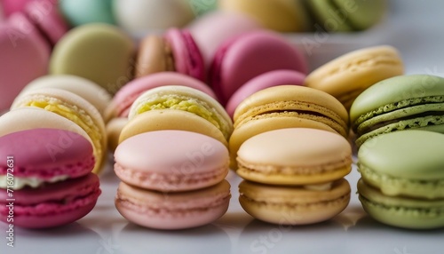 A colorful array of macarons in flavors like raspberry, pistachio, and lemon, neatly lined up