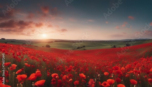 A panoramic view of a poppy field  with rich reds and delicate textures swaying in the breeze