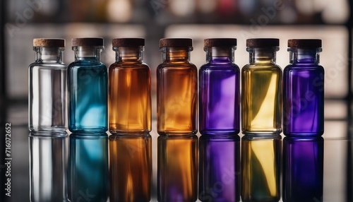 A collection of hand-blown glass vials, each with a different colored liquid, displayed i