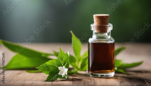 A simple  yet elegant glass vial of gourmet vanilla extract  placed on a light wooden surface