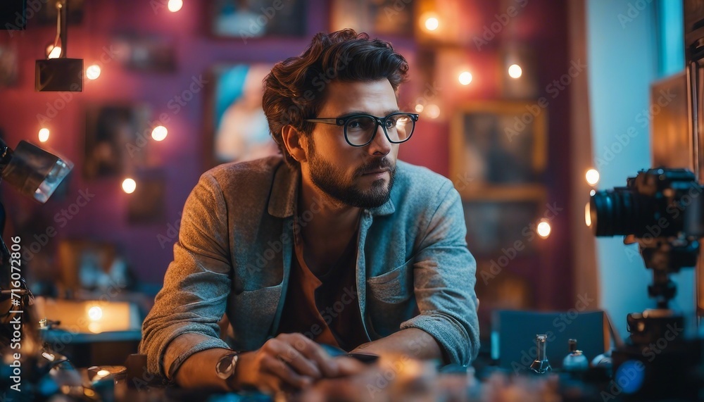 Art Director in Creative Studio, an art director with a thoughtful expression, surrounded by artisti Art Director in Creative Studio, an art director with a thoughtful expression, surrounded by artisti