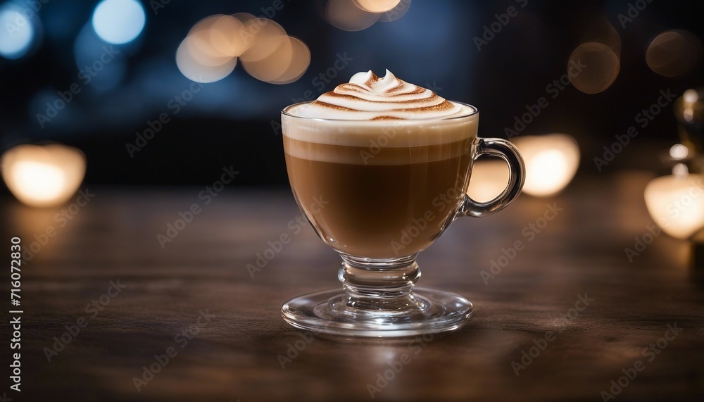 Artisanal Cappuccino, a delicate cappuccino served in a clear glass with a perfect layer of frothed Artisanal Cappuccino, a delicate cappuccino served in a clear glass with a perfect layer of frothed