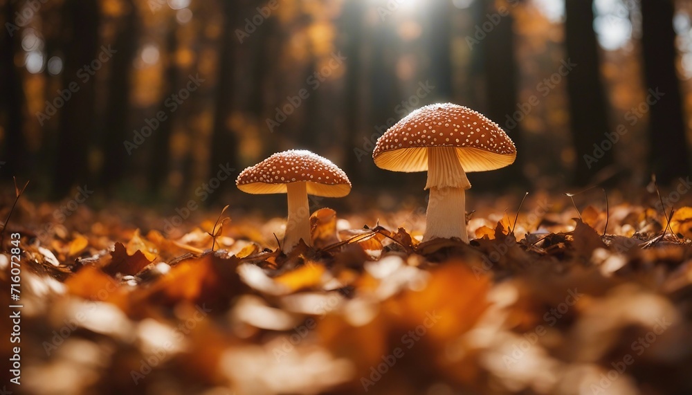 Autumn Mushrooms Amidst Falling Leaves, a scene of mushrooms surrounded by the fiery hues of autumn Autumn Mushrooms Amidst Falling Leaves, a scene of mushrooms surrounded by the fiery hues of autumn
