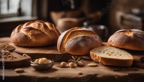Artisanal Bread Assortment, a selection of freshly baked artisanal bread on a rustic table