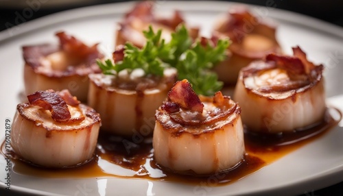 Bacon-Wrapped Scallops, succulent scallops wrapped in crispy bacon, arranged artfully on a white