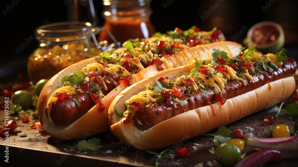 hotdog with a large sausage filled with melted mayonnaise and a sprinkling of chopped greens hotdog with a large sausage filled with melted mayonnaise and a sprinkling of chopped greens