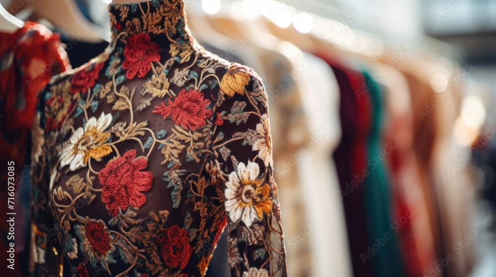 Fototapeta premium Closeup of a vintage velvet dress with intricate floral print at a boutique.