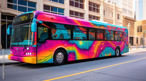An electric city bus with a colorful, artistic wrap navigating urban streets