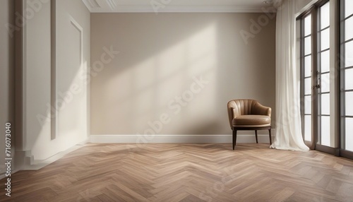 Chic Boutique Corner  a chevron wood floor with a soft eggshell wall  gentle overhead lighting 