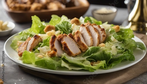 Chicken Caesar Salad, a classic Caesar salad with crisp romaine, grilled chicken strips