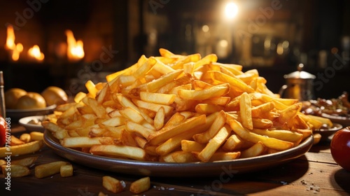 Delicious French fries, crunchy, salty, tasty, with blur background