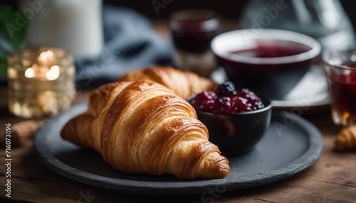 Classic French Croissant, a golden-brown, buttery croissant placed on a slate plate photo