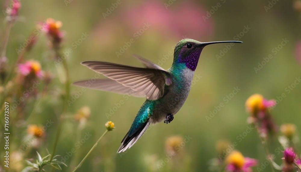 Darting Hummingbird, a hummingbirds iridescent feathers shimmering as it hovers near a wildflower Darting Hummingbird, a hummingbirds iridescent feathers shimmering as it hovers near a wildflower