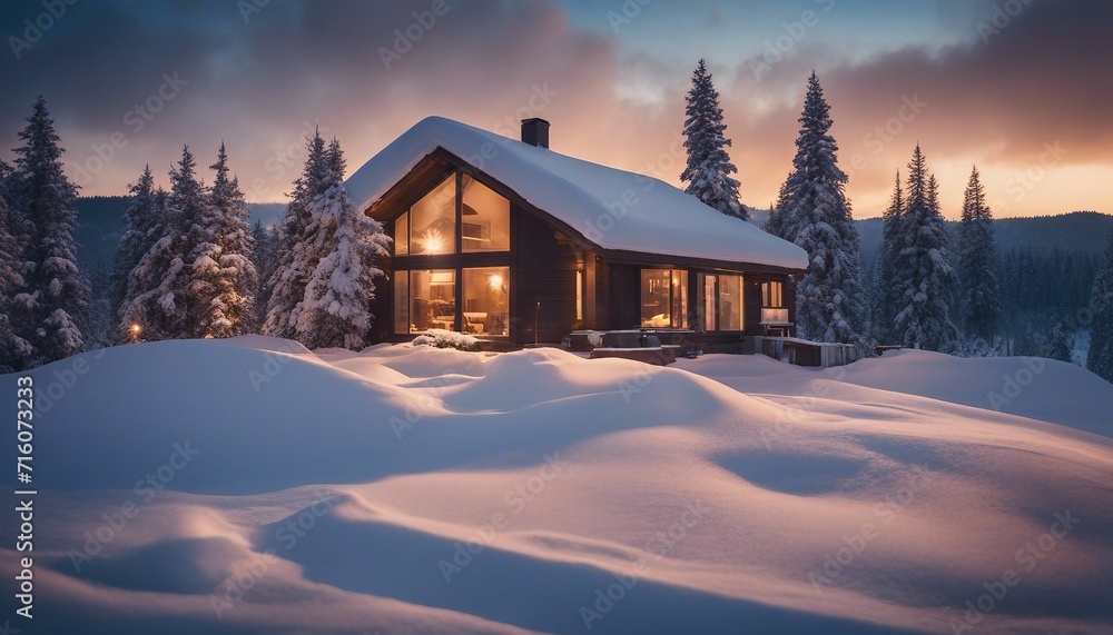  Dynamic Home with Asymmetrical Roofing in a Snowy Landscape, the blanket of snow softening 