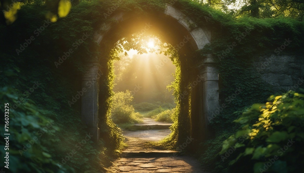 Enchanted Forest Gateway, an ancient stone archway shrouded in ivy, the ...