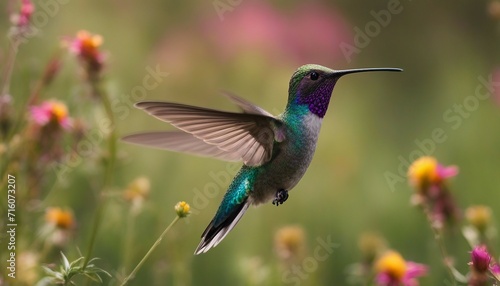 Darting Hummingbird, a hummingbirds iridescent feathers shimmering as it hovers near a wildflower © vanAmsen