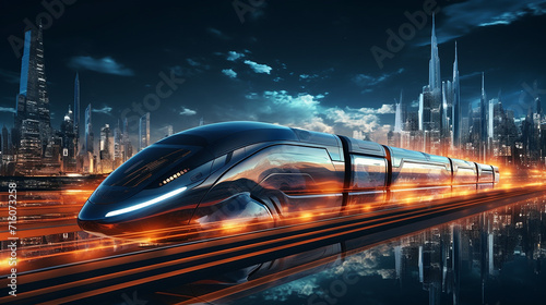 high-speed train emerges from tunnel cutting through scenic mountain landscape with panoramic window photo