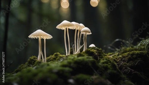 Enoki in Shadow, slender enoki mushrooms emerging from the darkness of their forest microhabitat
