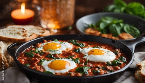 Egg and Spinach Shakshuka, a skillet of rich, spiced tomato sauce with poached eggs and spinach
