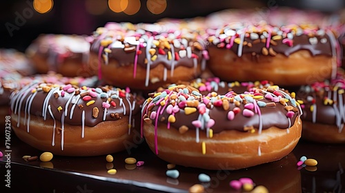 Closeup sweet donuts filled with melted chocolate and sprinkles with a blurred background photo