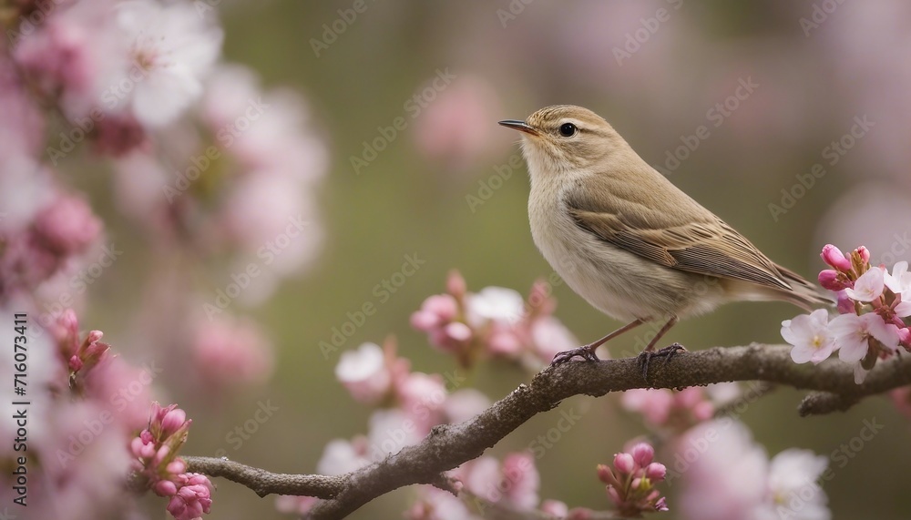 Fototapeta premium Garden Warbler among Spring Blossoms, a small garden warbler perched among branches laden 