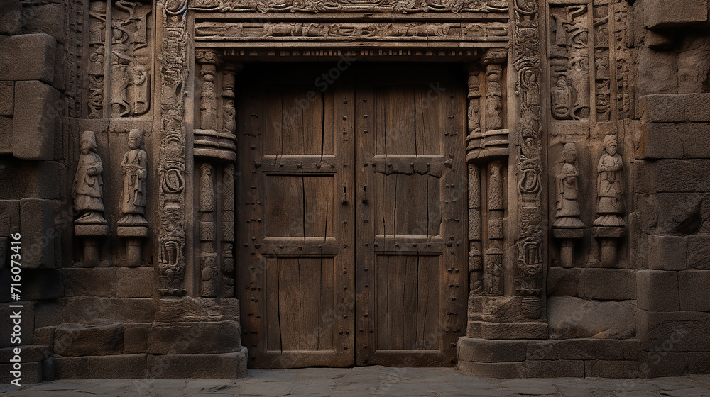 An intricately carved wooden door in an ancient fortress An intricately carved wooden door in an ancient fortress