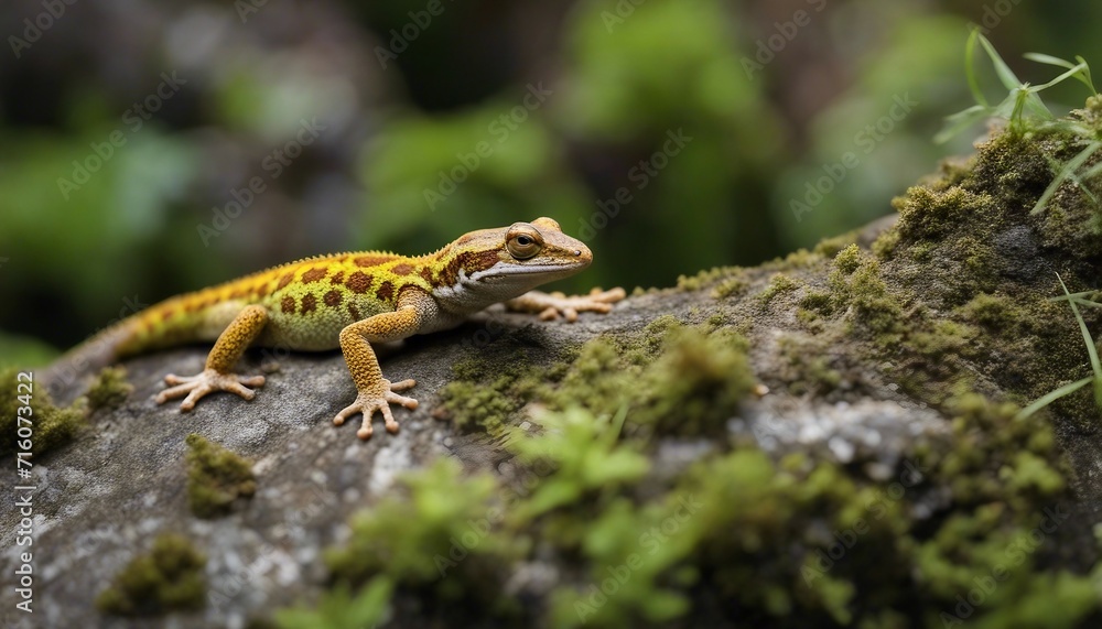 Fototapeta premium Gecko on a Rock Wall, a gecko with mottled skin perfectly camouflaged against a lichen-covered