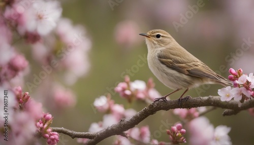 Garden Warbler among Spring Blossoms, a small garden warbler perched among branches laden 