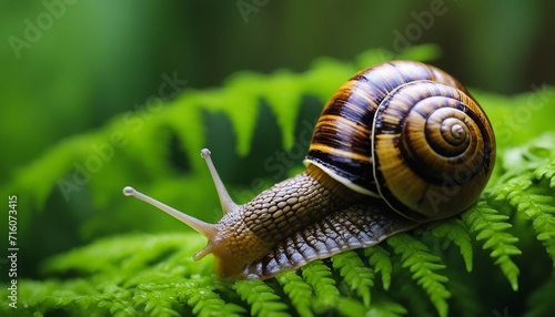 Garden Snail on Fern, a garden snail with its spiraled shell moving slowly across the vivid green