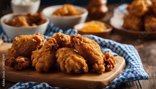 Golden Fried Chicken, crispy and juicy fried chicken pieces on a rustic wooden board