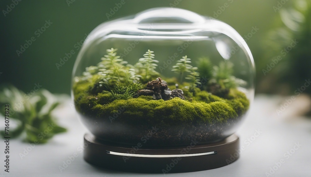 Minimalistic Terrarium Scene, a glass terrarium containing a miniature landscape of moss Minimalistic Terrarium Scene, a glass terrarium containing a miniature landscape of moss