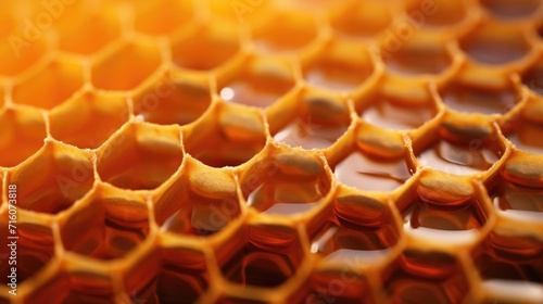 A macro shot of a honeycomb, showcasing the geometrically symmetrical hexagonal cells.