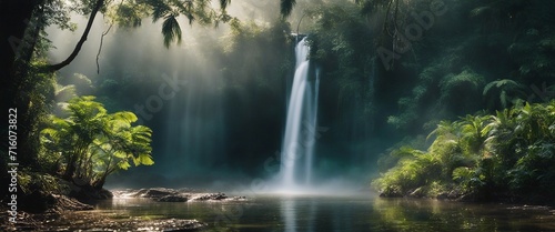  Misty Waterfall Oasis  a hidden waterfall amidst tropical foliage  the mist creating rainbows