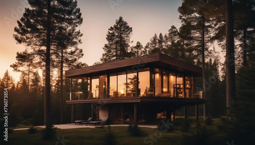 Modern Forest Retreat Against a Dawn Sky, the early light casting a warm hue on the clean