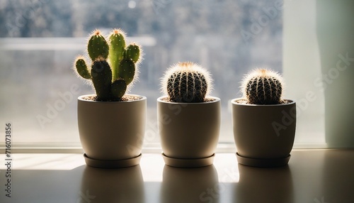 Modern Cactus Trio, three different cactus species, each in a simple concrete pot, arranged in a row