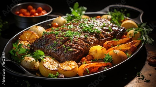 delicious pot roast meat with black and blur background