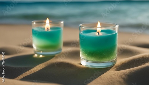 Ocean-Inspired Candle Votives, translucent blue and green glass votives with white candles inside photo