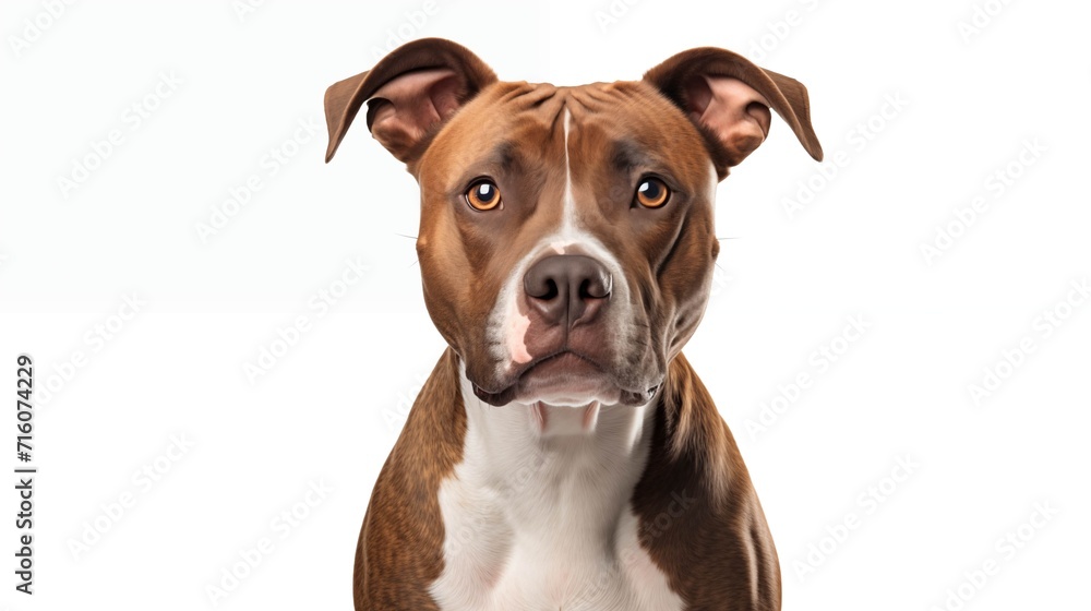A brown and white dog looking directly at the camera with a curious expression.